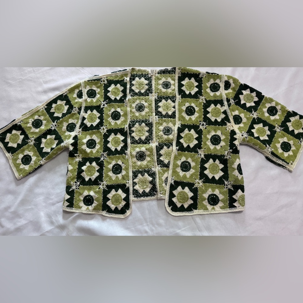 NEW POL Granny Crochet Boho Open Cardigan Olive Multi 3/4 Sleeve Festival OS - Picture 4 of 5